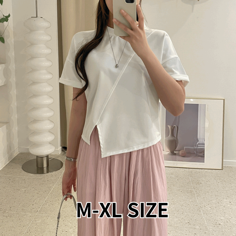 [M-XL] 럭키 절개 트임 라운드 반팔 티셔츠